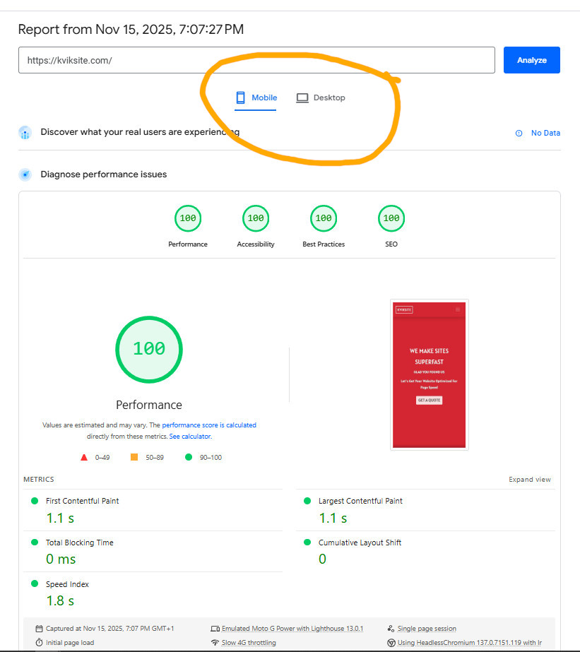 Weboldal gyorsítás átverés – PageSpeed Insight screenshot kiemelt mobil és desktop nézet